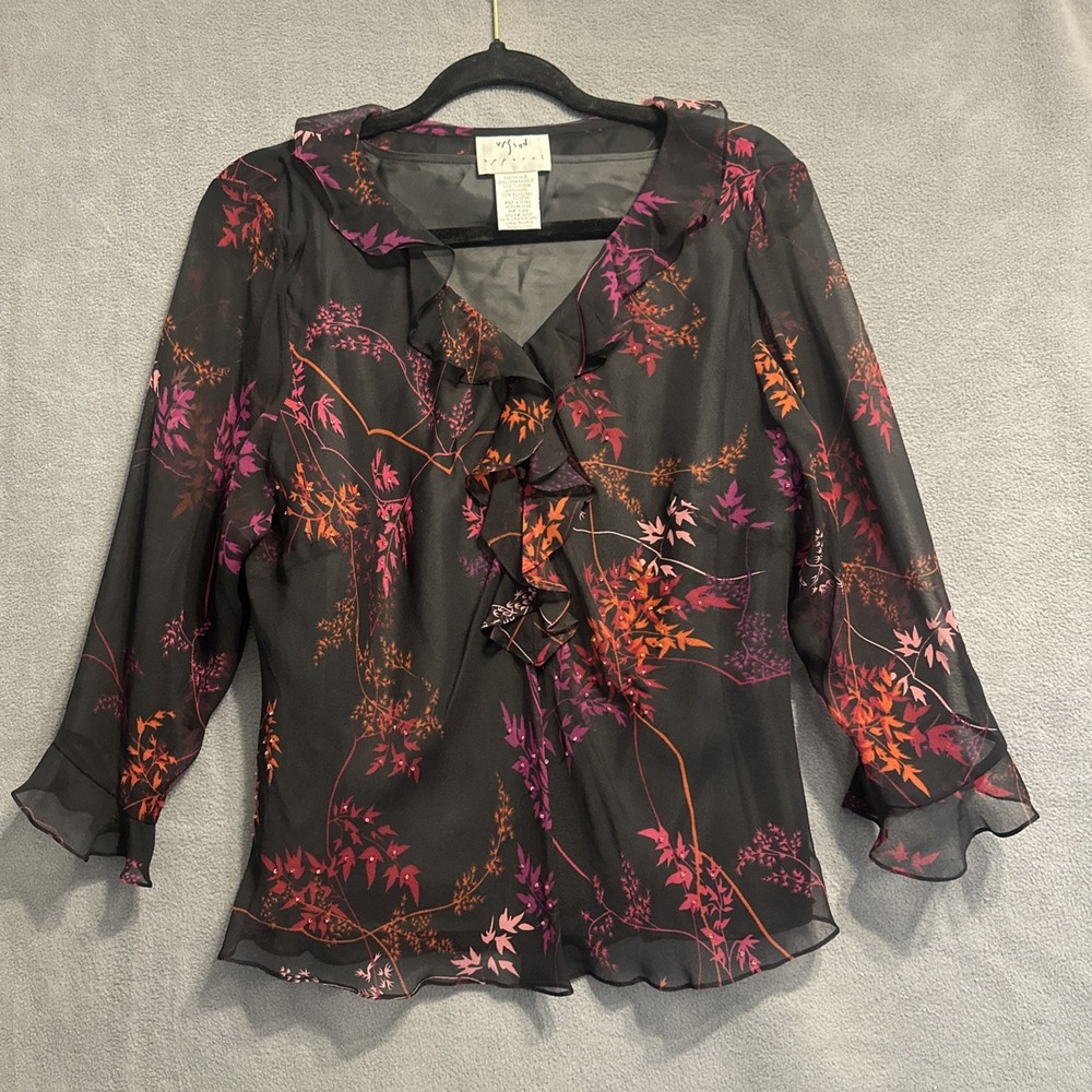 VTG Y2K Vision Apparel 100% Silk Top Ruffle Size L Black Whimsigoth Fairy Grunge